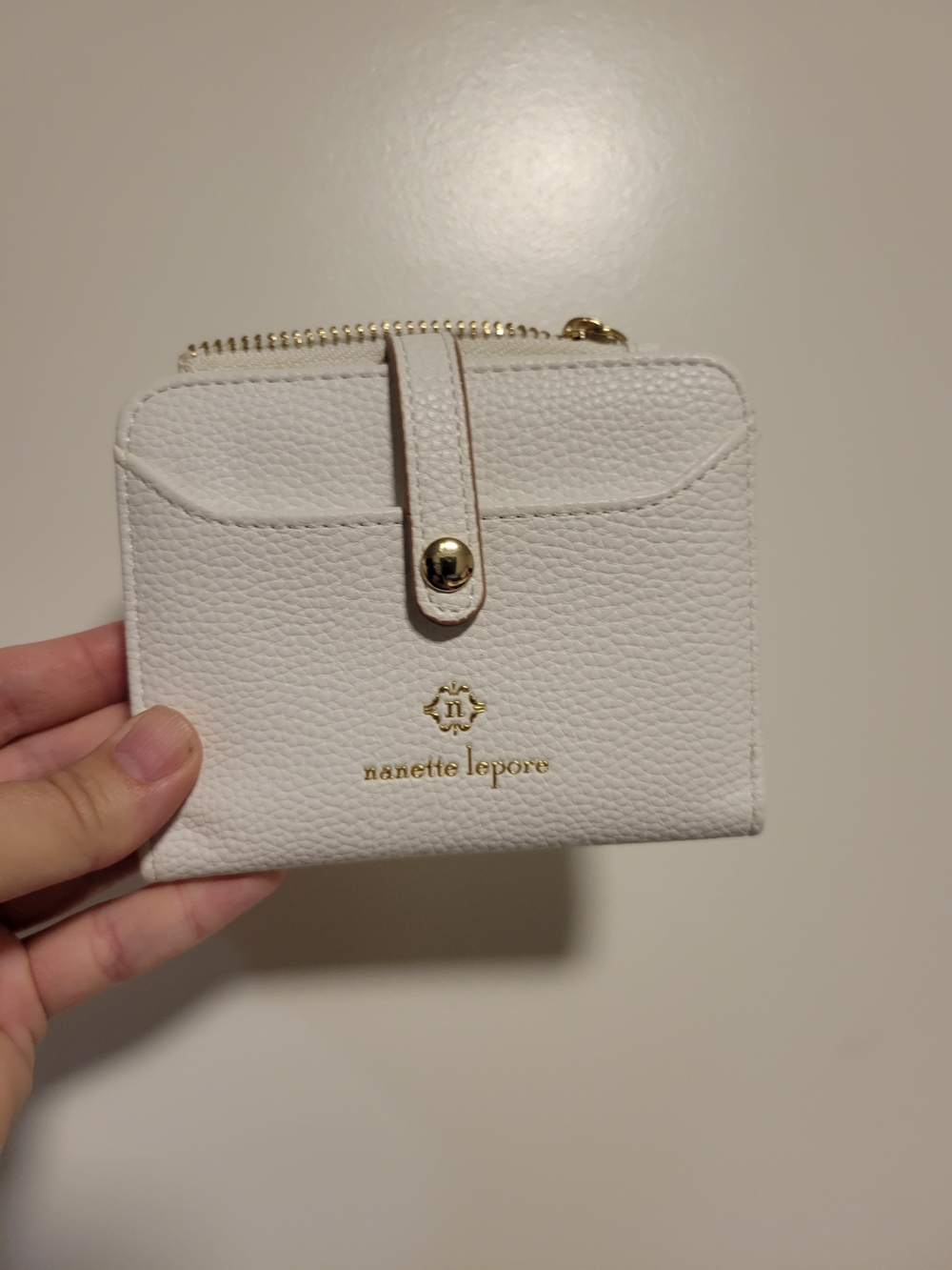 Nanette Lepore White Pebbled Leather Snap Wallet with Gold Hardware